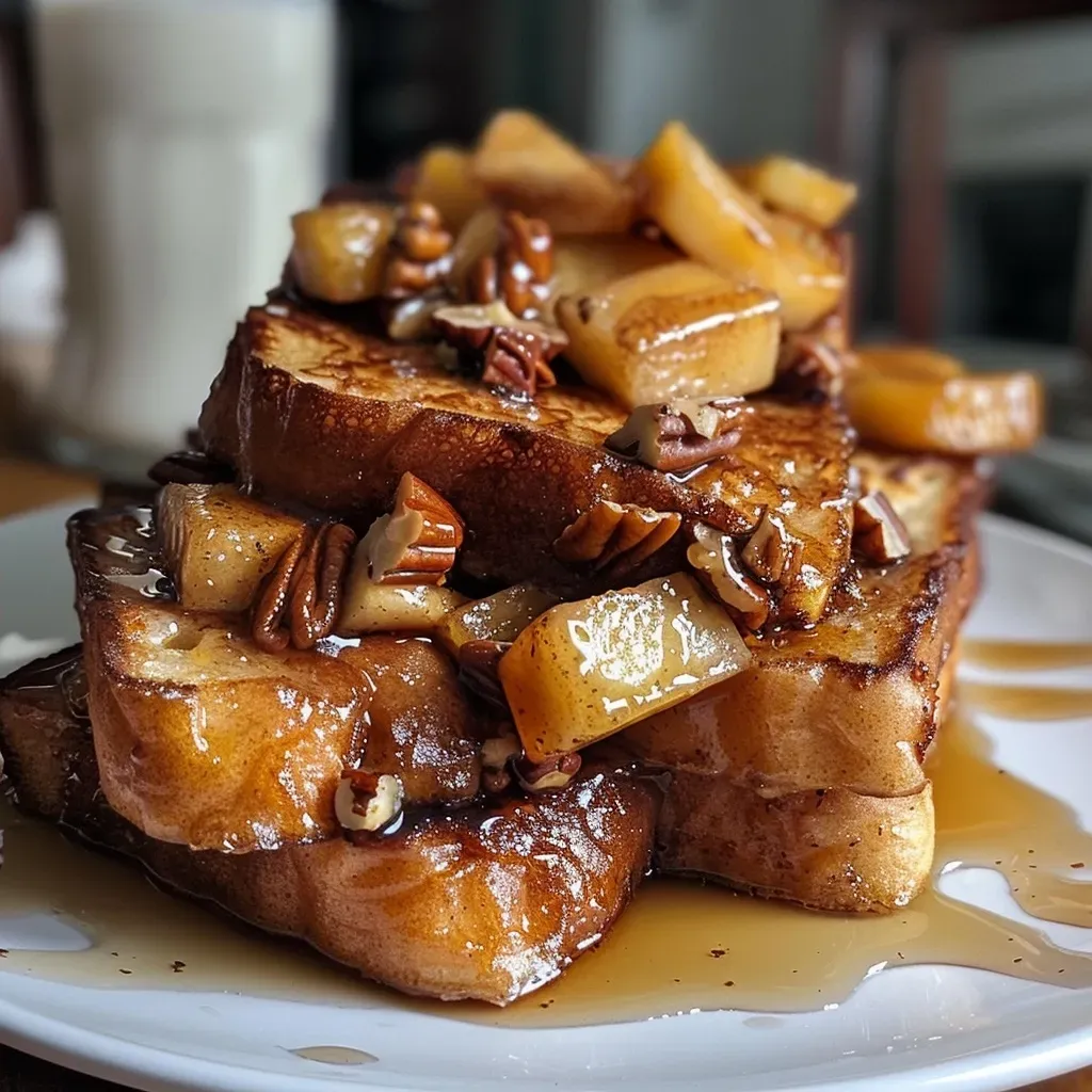 ['Close-up view of Baked Cinnamon Apple French Toast with apple slices and cranberries.', 'Side view of Baked Cinnamon Apple French Toast topped with cinnamon and pecans.', 'Juicy Baked Cinnamon Apple French Toast with a golden crust and apple garnishes.', 'Delicious slice of Baked Cinnamon Apple French Toast, showcasing its rich texture and toppings.']