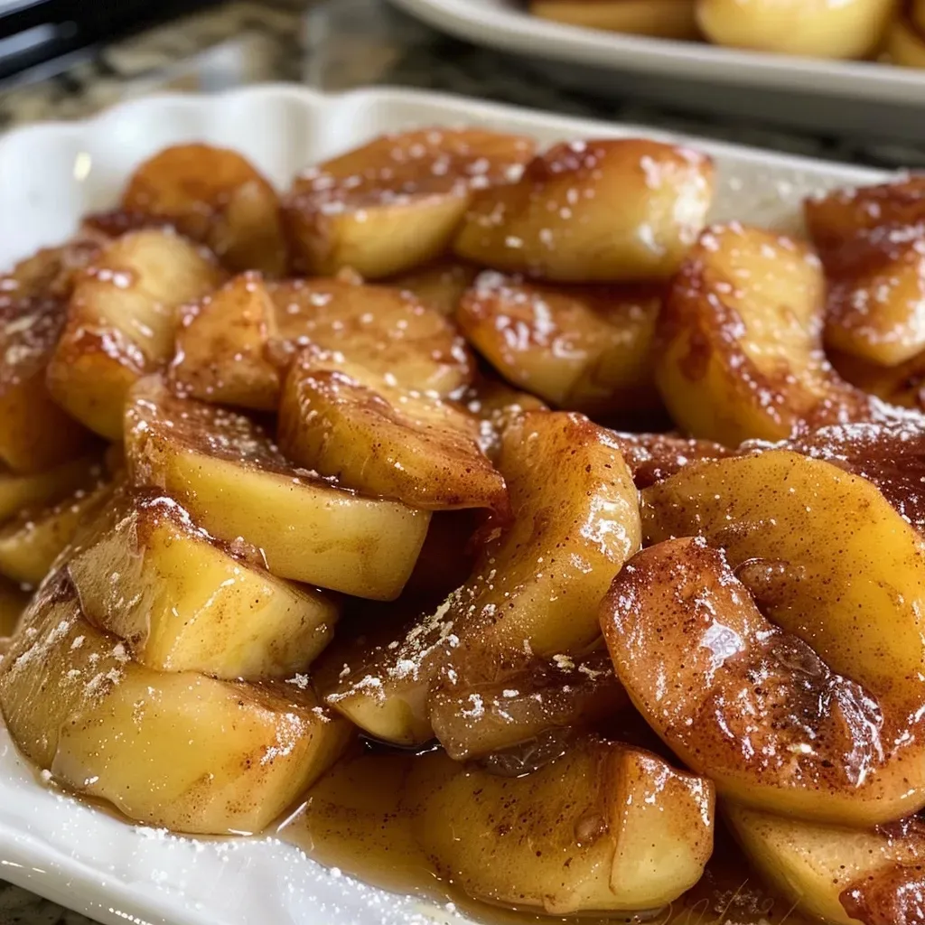 ['A close-up side view of baked cinnamon apples, showcasing their golden color and caramelized edges.', 'Juicy, sliced baked apples sprinkled with cinnamon, viewed from the side to highlight their texture.', 'A detailed shot of golden delicious apples baked with cinnamon, displaying their sweet and glossy finish.', 'Side view of warm, baked cinnamon apples with a glossy caramel glaze, emphasizing their delicious appeal.']