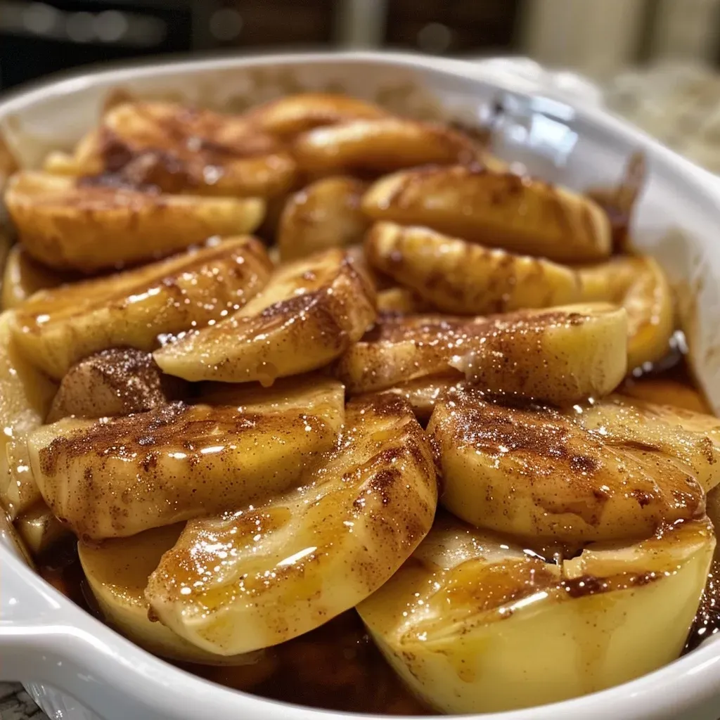 ['A close-up side view of baked cinnamon apples, showcasing their golden color and caramelized edges.', 'Juicy, sliced baked apples sprinkled with cinnamon, viewed from the side to highlight their texture.', 'A detailed shot of golden delicious apples baked with cinnamon, displaying their sweet and glossy finish.', 'Side view of warm, baked cinnamon apples with a glossy caramel glaze, emphasizing their delicious appeal.']