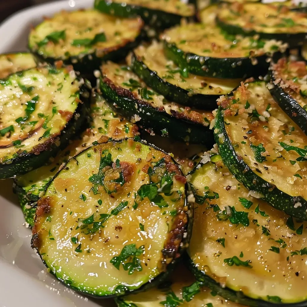 ['Close-up view of baked zucchini slices, golden brown with a sprinkle of cheese and herbs.', 'Side perspective of juicy baked zucchini, showcasing its tender texture and garnished with parsley.', 'Deliciously baked zucchini rounds, lightly crisped and topped with parmesan and herbs.', 'Freshly baked zucchini slices arranged on a plate, glistening with olive oil and spices.']