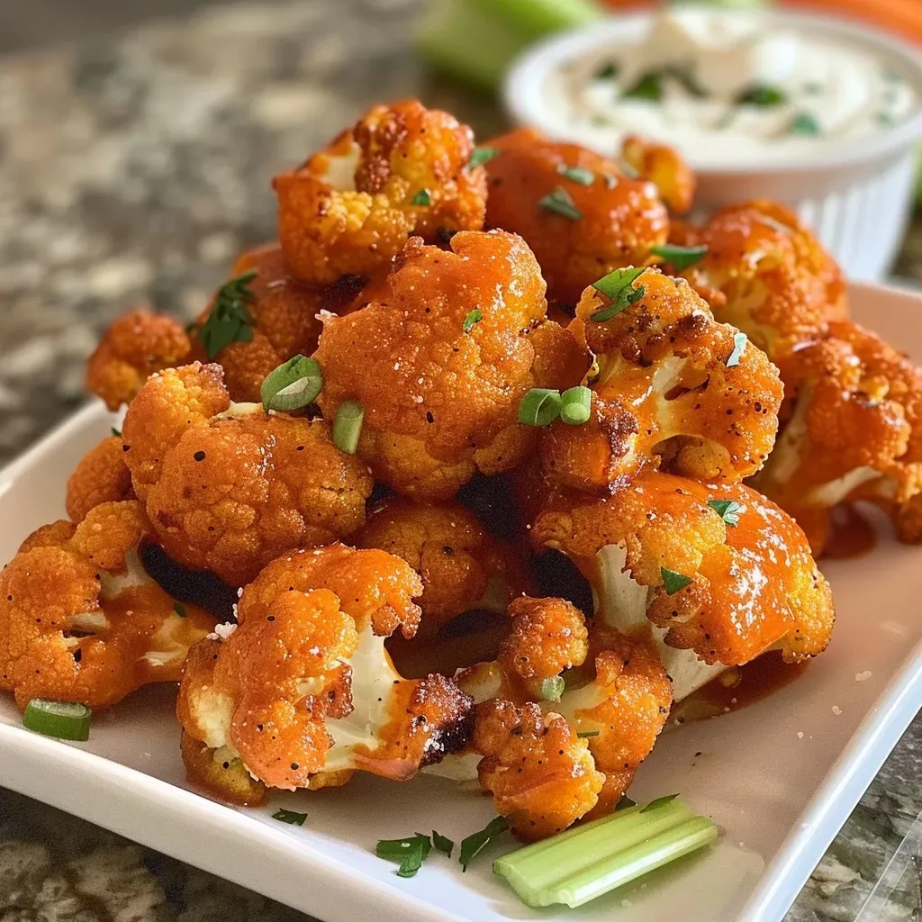 ['Close-up view of crispy Buffalo Cauliflower Bites arranged on a plate.', 'Side view of golden-brown Buffalo Cauliflower Bites with a dipping sauce.', 'Juicy Buffalo Cauliflower Bites garnished with celery and carrot sticks.', 'Platter of Buffalo Cauliflower Bites ready to be served with ranch dressing.']