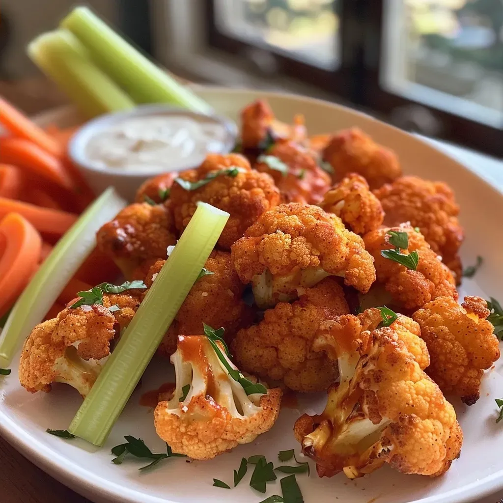 ['Close-up view of crispy Buffalo Cauliflower Bites arranged on a plate.', 'Side view of golden-brown Buffalo Cauliflower Bites with a dipping sauce.', 'Juicy Buffalo Cauliflower Bites garnished with celery and carrot sticks.', 'Platter of Buffalo Cauliflower Bites ready to be served with ranch dressing.']