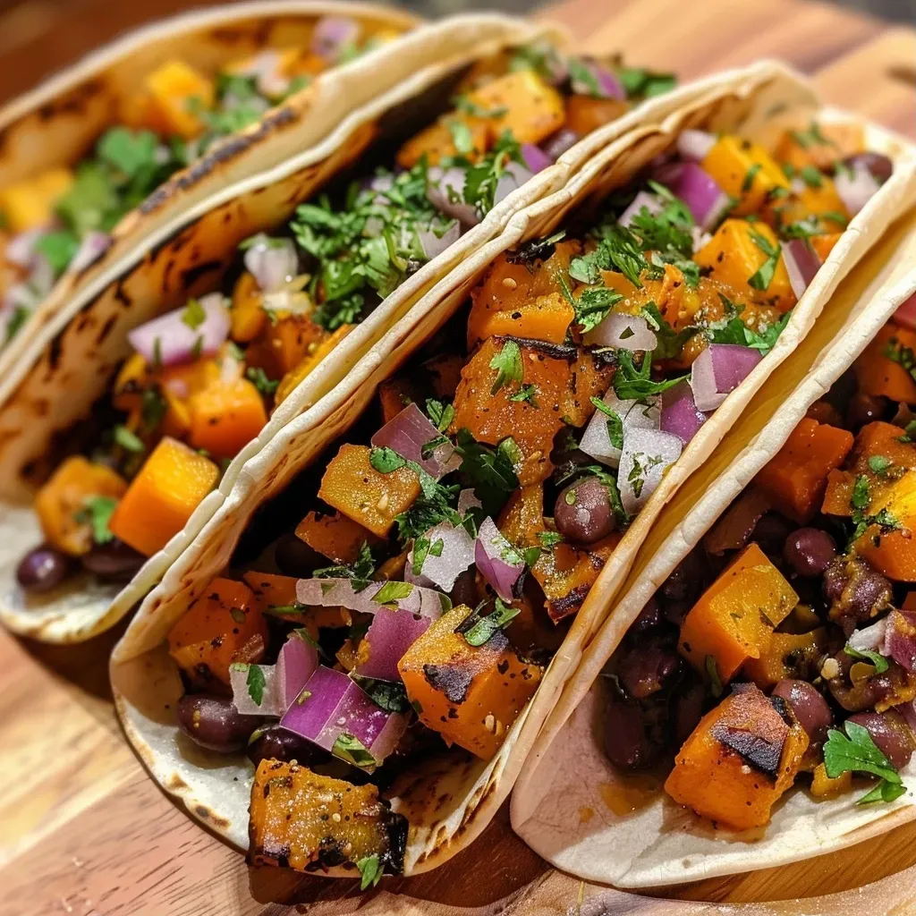 Close-up view of Butternut Squash and Black Bean Tacos on a plate.