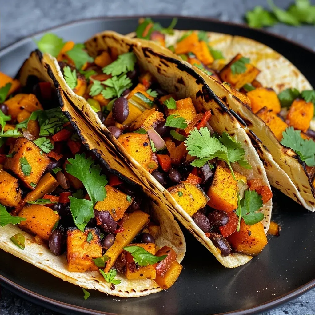 Close-up view of Butternut Squash and Black Bean Tacos on a plate.