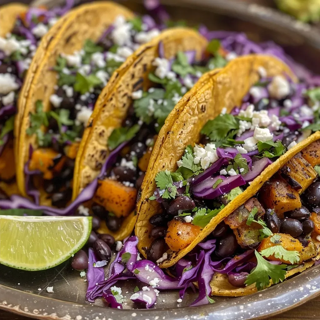 ['Close-up view of Butternut Squash Black Bean Tacos topped with cabbage and cilantro.', 'Side view of vibrant tacos filled with roasted butternut squash and black beans.', 'Colorful Butternut Squash Black Bean Tacos arranged on a plate with lime wedges.', 'Succulent tacos featuring butternut squash, black beans, and fresh toppings.']