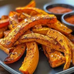 ['Close-up of golden butternut squash fries on a wooden platter.', 'Juicy butternut squash fries sprinkled with spices on a dark background.', 'Side view of freshly baked butternut squash fries, drizzled with oil.', 'Crispy butternut squash fries arranged artfully on a white plate.']