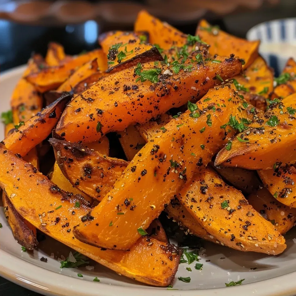 ['Close-up of golden butternut squash fries on a wooden platter.', 'Juicy butternut squash fries sprinkled with spices on a dark background.', 'Side view of freshly baked butternut squash fries, drizzled with oil.', 'Crispy butternut squash fries arranged artfully on a white plate.']