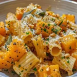 ['Close-up image of Butternut Squash Pasta served in a bowl with sage leaves.', 'Side view of a plate of Butternut Squash Pasta, showing diced squash and sage.', 'Close-up of a creamy Butternut Squash Pasta dish garnished with parsley and pine nuts.', 'Detailed view of Butternut Squash Pasta featuring fresh sage and parmesan cheese.']