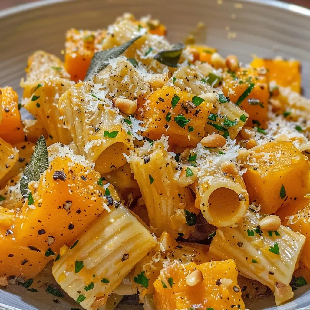 Close-up image of Butternut Squash Pasta served in a bowl with sage leaves.