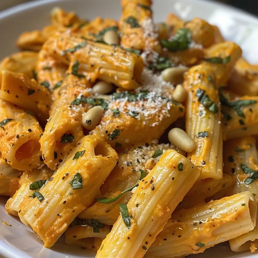 Close-up image of Butternut Squash Pasta served in a bowl with sage leaves.