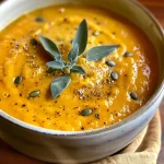 ['Creamy butternut squash soup garnished with coconut milk and spices, served in a bowl.', 'Close-up view of vibrant orange butternut squash soup with a drizzle of coconut milk and ginger slices.', 'Rich and velvety butternut squash soup topped with a swirl of coconut milk, showcasing ingredients.', 'Deliciously smooth butternut squash soup in a bowl, accented with fresh ginger and coconut milk.']