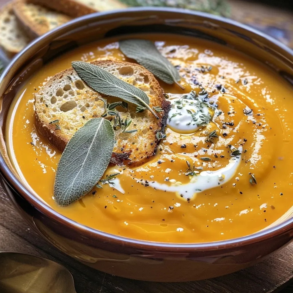 ['Creamy butternut squash soup garnished with coconut milk and spices, served in a bowl.', 'Close-up view of vibrant orange butternut squash soup with a drizzle of coconut milk and ginger slices.', 'Rich and velvety butternut squash soup topped with a swirl of coconut milk, showcasing ingredients.', 'Deliciously smooth butternut squash soup in a bowl, accented with fresh ginger and coconut milk.']