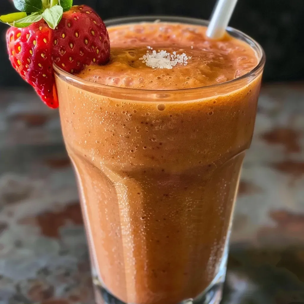 Close-up view of a vibrant Caribbean smoothie with fruit ingredients visible.