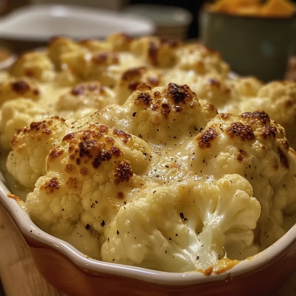 ['Close-up view of creamy cauliflower cheese in a baking dish.', 'Side view of baked cauliflower cheese with a golden crust.', 'Juicy cauliflower cheese topped with melted cheddar.', 'Delicious serving of cauliflower cheese with visible florets.']