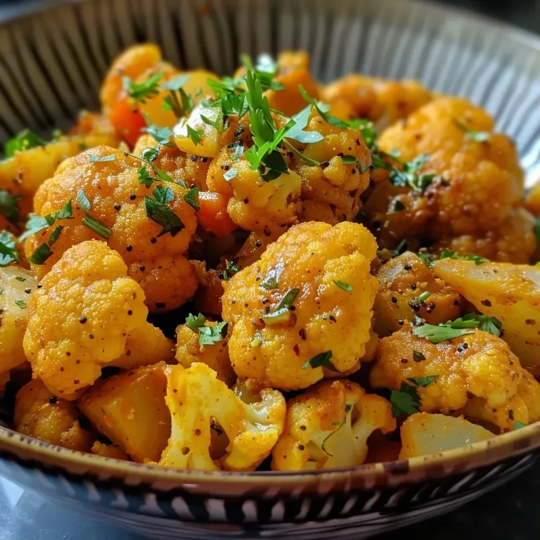 ['Close-up view of a vibrant cauliflower curry in a bowl, garnished with fresh herbs.', 'Side view of a steaming bowl of cauliflower curry with colorful spices visible.', 'Juicy cauliflower curry served in a rustic dish, showcasing its rich texture and color.', 'A detailed look at a bowl of cauliflower curry with visible florets and spices.']