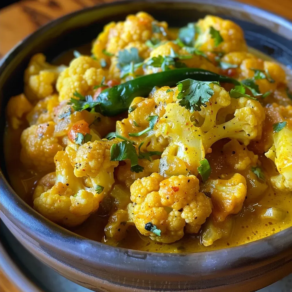 Close-up view of a vibrant cauliflower curry in a bowl, garnished with fresh herbs.