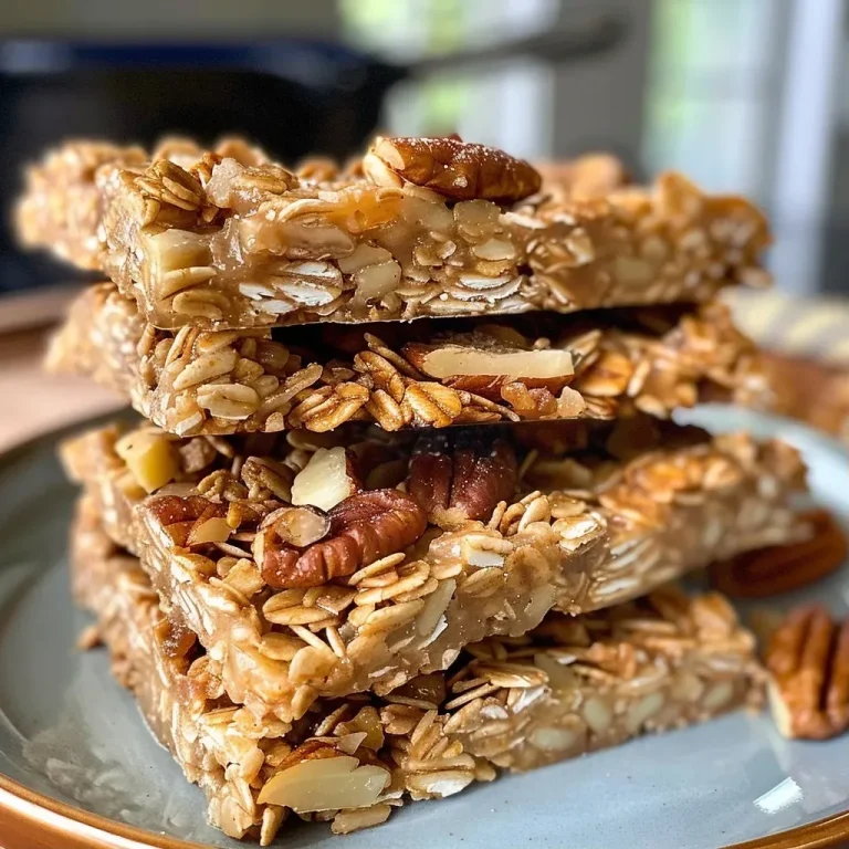 ['Close-up view of chewy cinnamon apple granola bars with visible chunks of dried apples and nuts.', 'Side view of granola bars showcasing their chewy texture and colorful ingredients.', 'Detailed image of homemade granola bars made with oats, nuts, and cinnamon.', 'Close-up shot of granola bars highlighting the mix of crunchy pecans and chewy apple pieces.']