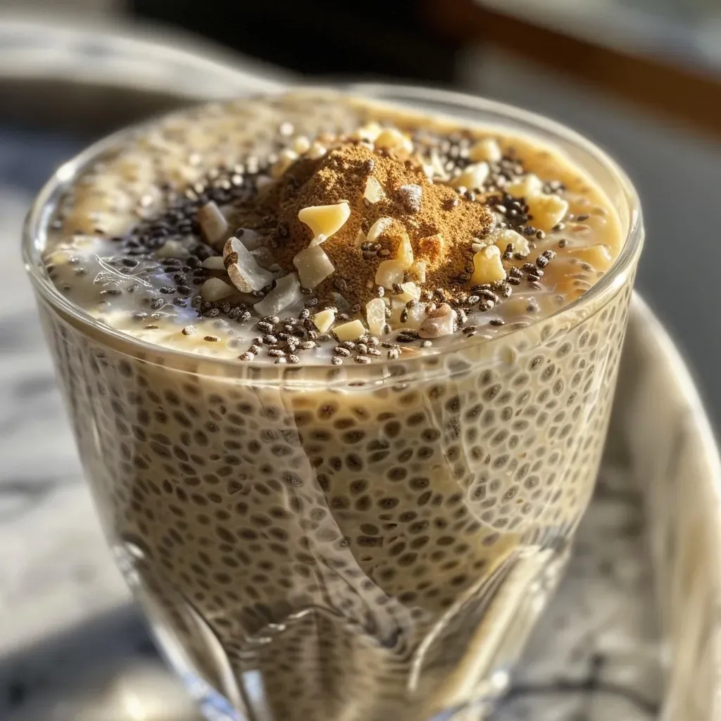 ['Close-up view of a creamy vanilla cinnamon chia seed pudding in a glass bowl.', 'Side perspective of chia seed pudding topped with a dusting of cinnamon.', 'Thick chia seed pudding with a smooth texture, featuring vanilla and cinnamon notes.', 'Chia seed pudding in a clear dish, showcasing layers of creamy almond milk and spices.']