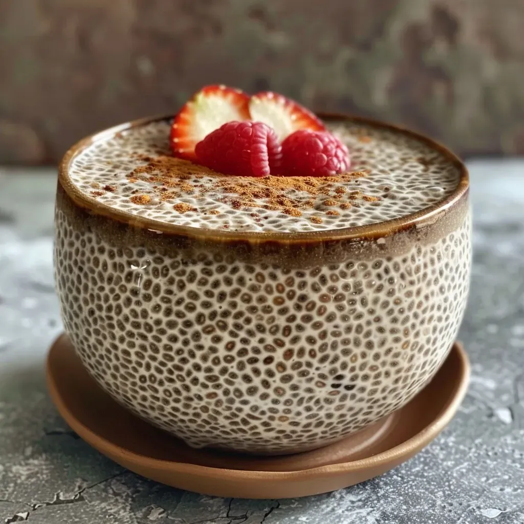 ['Close-up view of a creamy vanilla cinnamon chia seed pudding in a glass bowl.', 'Side perspective of chia seed pudding topped with a dusting of cinnamon.', 'Thick chia seed pudding with a smooth texture, featuring vanilla and cinnamon notes.', 'Chia seed pudding in a clear dish, showcasing layers of creamy almond milk and spices.']