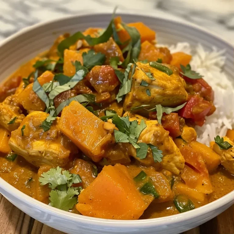 ['Close-up of juicy chicken and butternut squash curry in a bowl.', 'Side view of a vibrant Thai chicken curry featuring chunks of butternut squash.', 'Colorful dish of chicken curry with butternut squash and spices on a rustic table.', 'Appetizing curry dish with chicken, butternut squash, and garnishes ready to serve.']