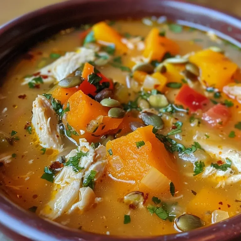 ['A close-up view of a bowl of Chicken Butternut Squash Soup, showcasing its creamy texture and vibrant colors.', 'Side view of Chicken Butternut Squash Soup in a bowl, garnished with fresh parsley and pumpkin seeds.', 'A delicious serving of Chicken Butternut Squash Soup, highlighting the chunks of chicken and butternut squash.', 'A hearty bowl of Chicken Butternut Squash Soup with a spoon, emphasizing the rich ingredients and garnishes.']