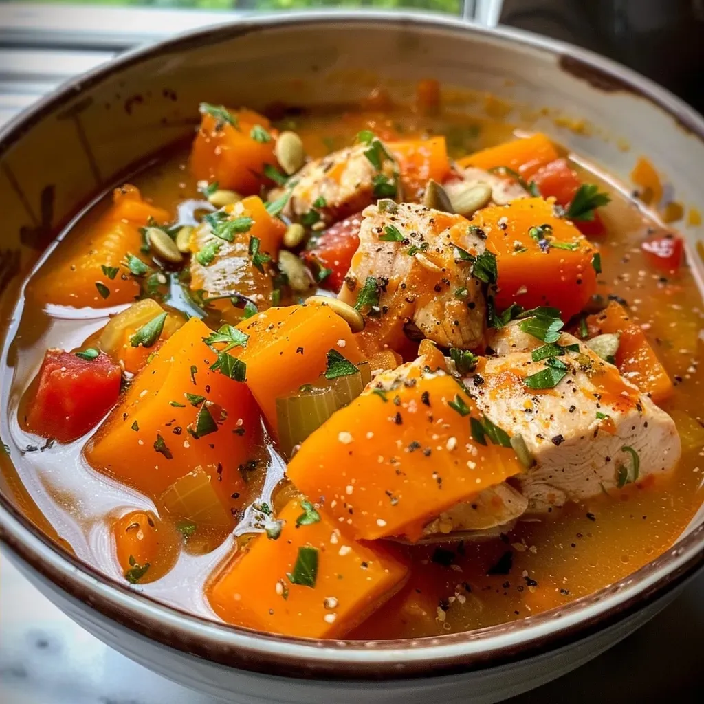 ['A close-up view of a bowl of Chicken Butternut Squash Soup, showcasing its creamy texture and vibrant colors.', 'Side view of Chicken Butternut Squash Soup in a bowl, garnished with fresh parsley and pumpkin seeds.', 'A delicious serving of Chicken Butternut Squash Soup, highlighting the chunks of chicken and butternut squash.', 'A hearty bowl of Chicken Butternut Squash Soup with a spoon, emphasizing the rich ingredients and garnishes.']