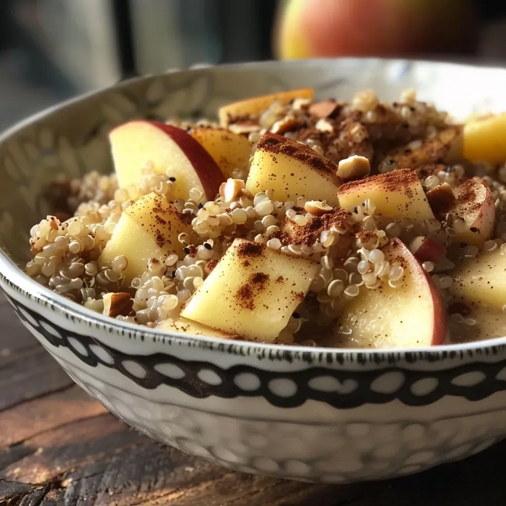 ['Close-up of a bowl of cinnamon apple breakfast quinoa topped with sliced apples and almond butter.', 'Side view of a creamy quinoa porridge garnished with hemp seeds and ground cinnamon.', 'Healthy breakfast quinoa with diced apple, almond butter, and a sprinkle of cinnamon.', 'Appetizing bowl featuring cinnamon apple quinoa porridge with a drizzle of almond milk.']