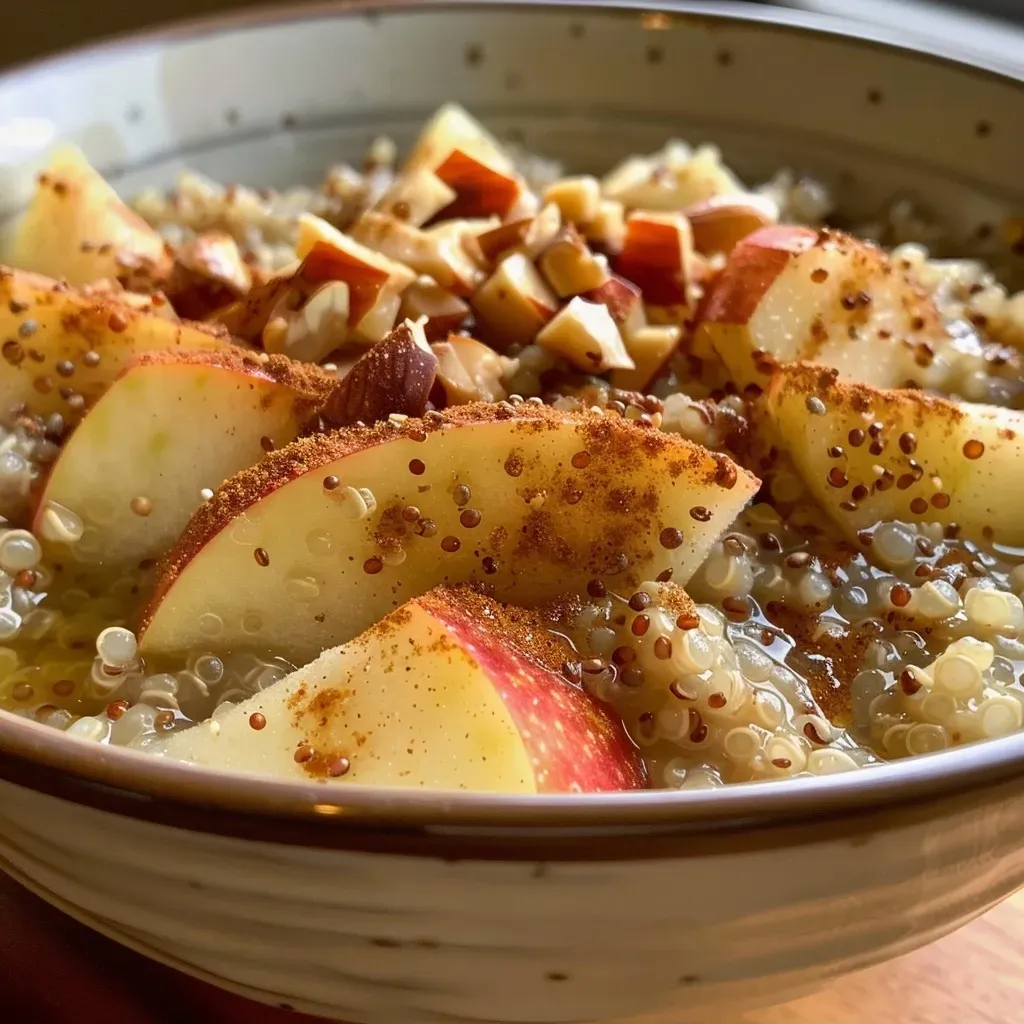 ['Close-up of a bowl of cinnamon apple breakfast quinoa topped with sliced apples and almond butter.', 'Side view of a creamy quinoa porridge garnished with hemp seeds and ground cinnamon.', 'Healthy breakfast quinoa with diced apple, almond butter, and a sprinkle of cinnamon.', 'Appetizing bowl featuring cinnamon apple quinoa porridge with a drizzle of almond milk.']