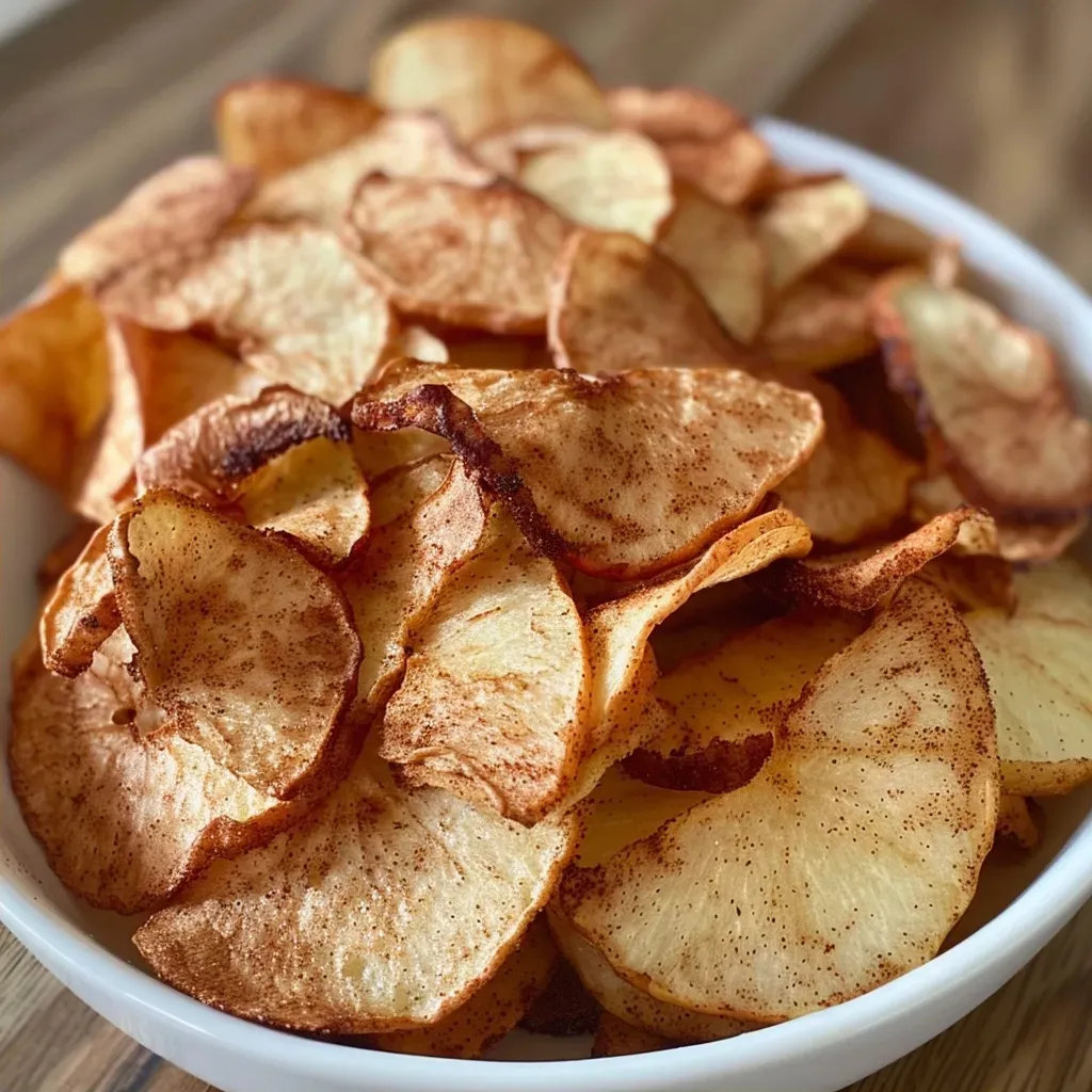 ['Close-up view of crispy cinnamon apple chips on a wooden surface.', 'Slices of cinnamon-dusted apple chips arranged neatly in a bowl.', 'A side view of golden-brown apple chips with a sprinkle of cinnamon.', 'Freshly made cinnamon apple chips showcased on a rustic plate.']