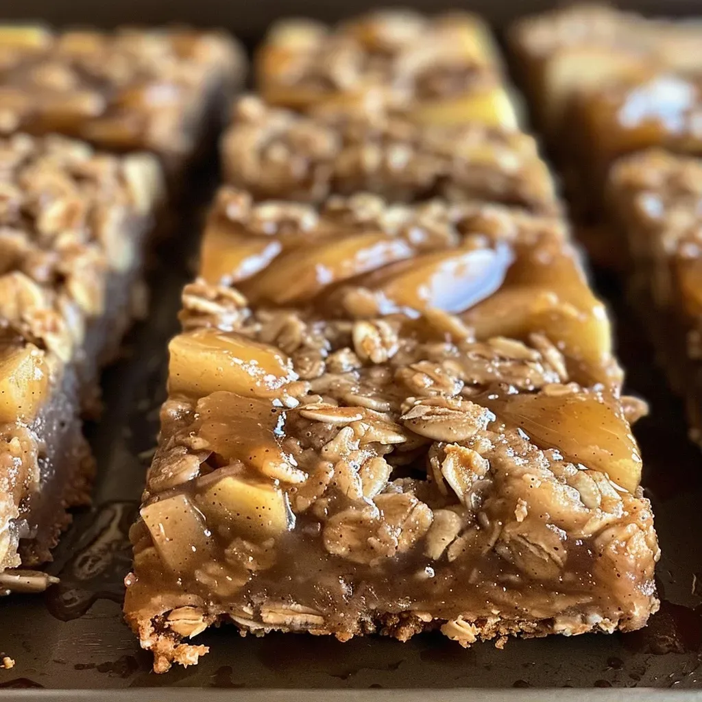 ['Close-up view of cinnamon apple oat bars with a golden-brown crust.', 'Juicy cinnamon apple oat bars displayed on a rustic wooden surface.', 'Freshly baked cinnamon apple oat bars with visible apple chunks and a sprinkle of nuts.', 'Side view of delicious cinnamon apple oat bars, showcasing their chewy texture.']