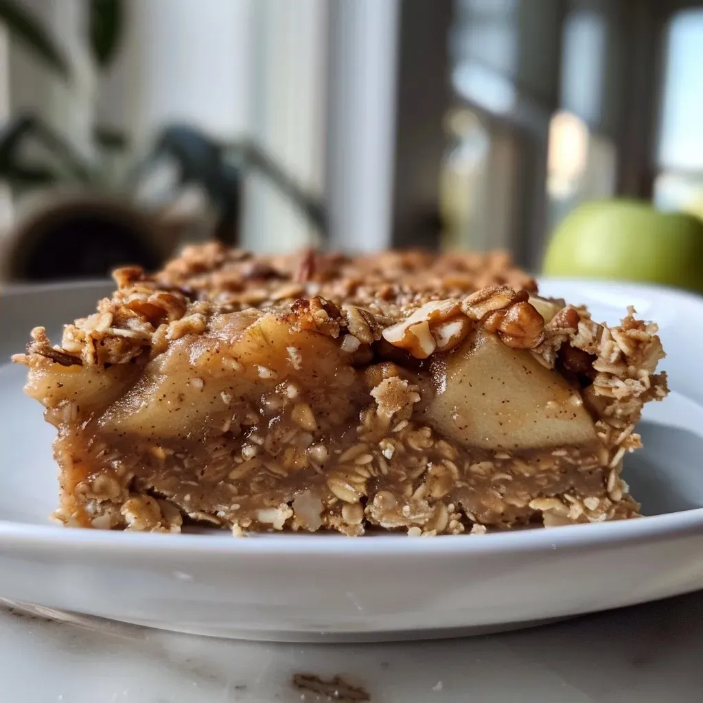 ['Close-up view of cinnamon apple oat bars with a golden-brown crust.', 'Juicy cinnamon apple oat bars displayed on a rustic wooden surface.', 'Freshly baked cinnamon apple oat bars with visible apple chunks and a sprinkle of nuts.', 'Side view of delicious cinnamon apple oat bars, showcasing their chewy texture.']