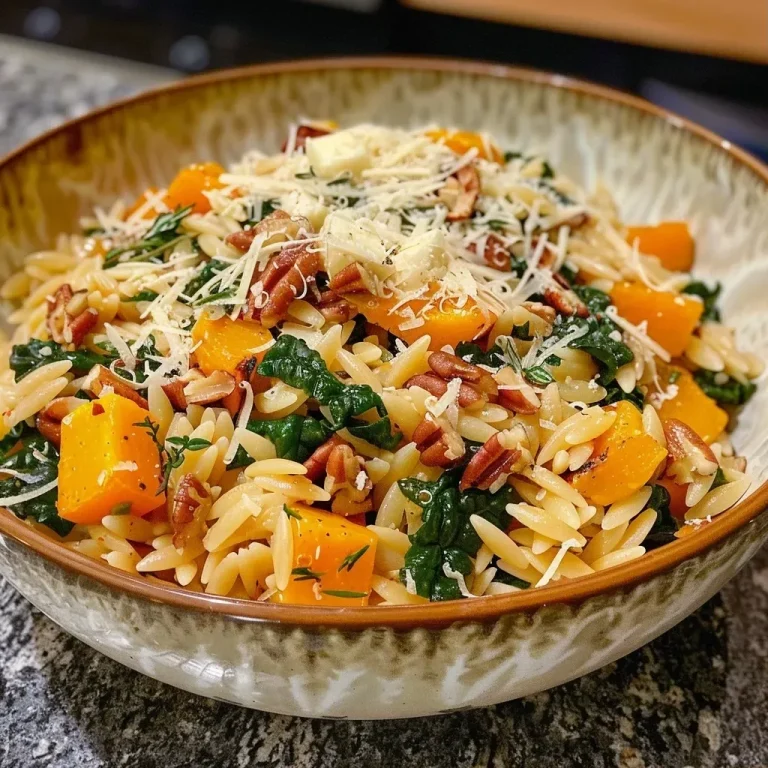 ['Close-up view of creamy butternut squash orzo with a garnish of fresh herbs.', 'Bowl of butternut squash orzo showcasing rich textures and ingredients like kale and Parmesan.', 'Juicy creamy orzo pasta with visible pieces of butternut squash and herbs.', 'Side view of a creamy dish featuring butternut squash, orzo, and topped with pecans.']