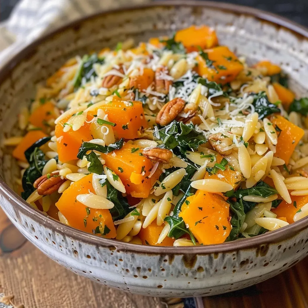['Close-up view of creamy butternut squash orzo with a garnish of fresh herbs.', 'Bowl of butternut squash orzo showcasing rich textures and ingredients like kale and Parmesan.', 'Juicy creamy orzo pasta with visible pieces of butternut squash and herbs.', 'Side view of a creamy dish featuring butternut squash, orzo, and topped with pecans.']