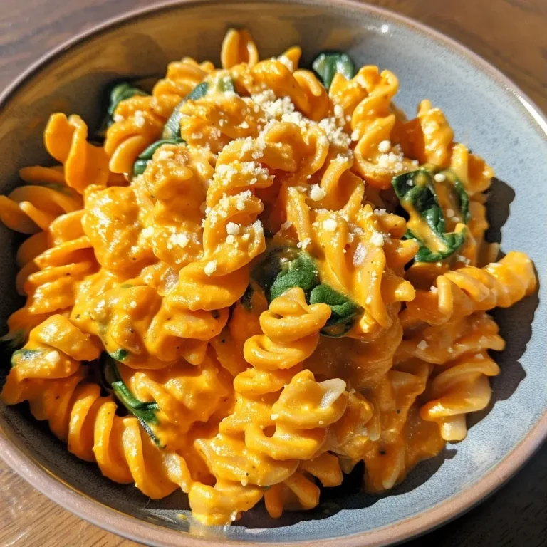['A close-up of creamy pumpkin protein pasta with spinach and grated parmesan.', 'Side view of a bowl filled with delicious creamy pumpkin protein pasta and herbs.', 'Juicy pumpkin pasta dish showcasing rich texture and vibrant colors.', 'A serving of protein pasta featuring creamy pumpkin sauce and fresh spinach.']