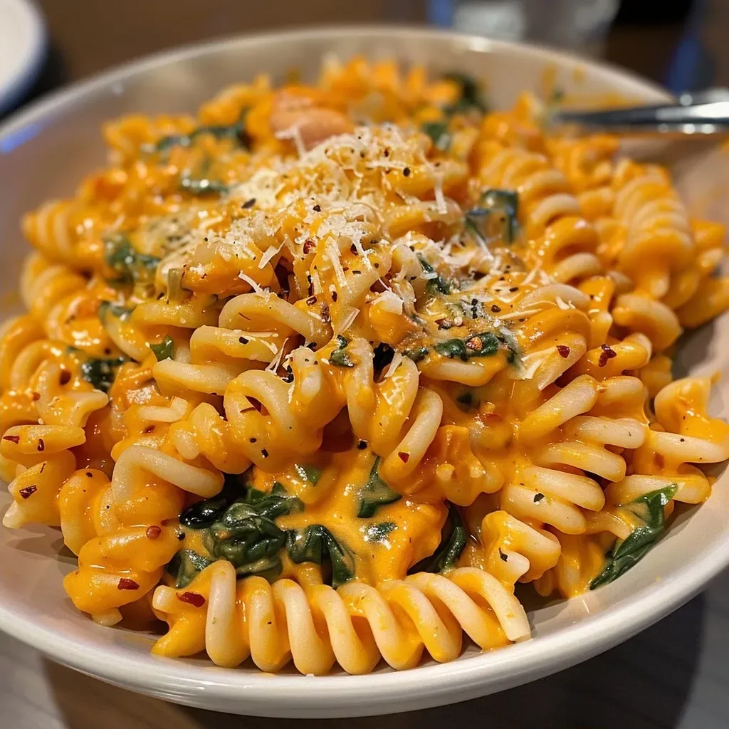 ['A close-up of creamy pumpkin protein pasta with spinach and grated parmesan.', 'Side view of a bowl filled with delicious creamy pumpkin protein pasta and herbs.', 'Juicy pumpkin pasta dish showcasing rich texture and vibrant colors.', 'A serving of protein pasta featuring creamy pumpkin sauce and fresh spinach.']