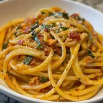 ['Close-up view of creamy pumpkin spaghetti garnished with garlic kale.', 'Side view of creamy pumpkin spaghetti topped with kale and sun-dried tomatoes.', 'Delicious creamy pumpkin spaghetti served with chopped kale in the foreground.', 'Rich orange creamy pasta dish featuring pumpkin puree and sautéed kale.']