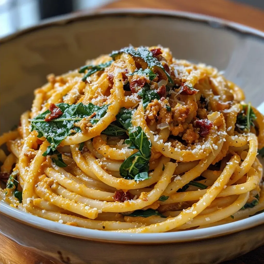 ['Close-up view of creamy pumpkin spaghetti garnished with garlic kale.', 'Side view of creamy pumpkin spaghetti topped with kale and sun-dried tomatoes.', 'Delicious creamy pumpkin spaghetti served with chopped kale in the foreground.', 'Rich orange creamy pasta dish featuring pumpkin puree and sautéed kale.']