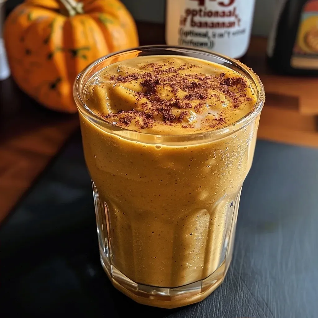 ['Close-up of a creamy pumpkin spice smoothie in a glass with a straw.', 'Side view of a delicious creamy pumpkin spice smoothie with a garnish.', 'Vibrant pumpkin spice smoothie in a clear glass, showcasing its creamy texture.', 'Rich orange creamy smoothie with a frosty top served in a tall glass.']