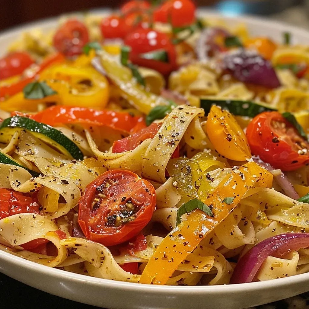 ['Close-up view of creamy roasted veggie pasta with colorful vegetables.', 'Juicy bowl of pasta featuring roasted tomatoes, bell peppers, and zucchini.', 'Side view of a hearty dish of creamy pasta topped with fresh basil.', 'Delicious tagliatelle adorned with vibrant roasted vegetables and cream.']
