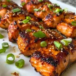['Close-up side view of crispy honey garlic salmon bites in a bowl, garnished with sesame seeds and green onions.', 'Juicy air-fried salmon pieces coated in honey garlic sauce, presented in a white dish with fresh garnishes.', 'Bite-sized crispy salmon bites glistening with honey garlic glaze, sprinkled with sesame seeds and chopped green onions.', 'Mouth-watering honey garlic salmon bites displayed on a plate, emphasizing their crispy texture and vibrant colors.']