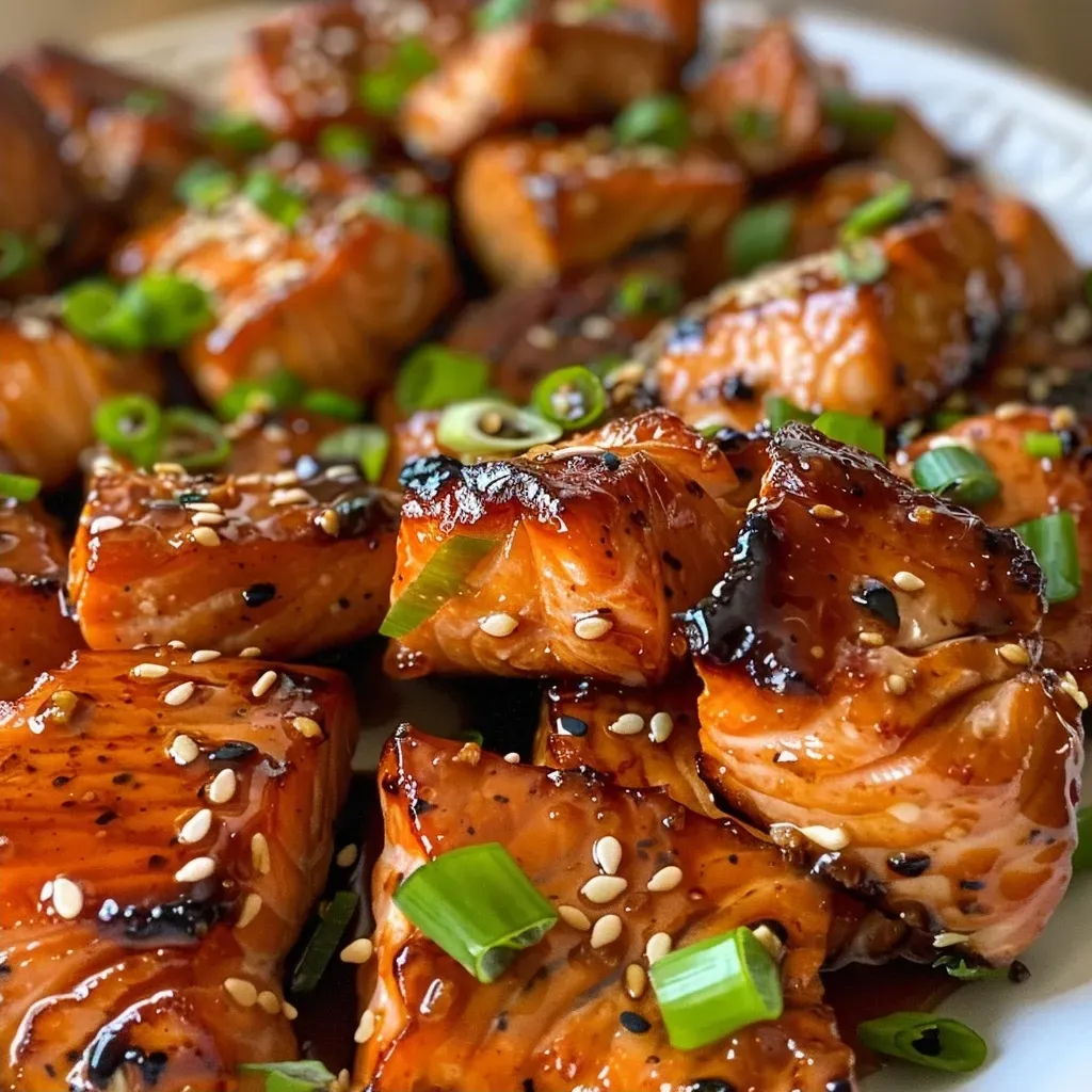 Close-up side view of crispy honey garlic salmon bites in a bowl, garnished with sesame seeds and green onions.
