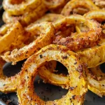 ['Crispy baked delicata squash rings arranged on a plate, glistening with seasoning.', 'Close-up view of golden-brown delicata squash rings, lightly crispy and garnished.', 'Side view of a plate filled with roasted delicata squash rings, showcasing their texture.', 'Juicy, crispy delicata squash rings highlighted in an appetizing close-up shot.']