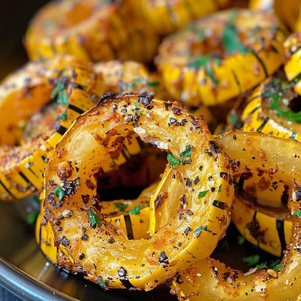 Crispy baked delicata squash rings arranged on a plate, glistening with seasoning.