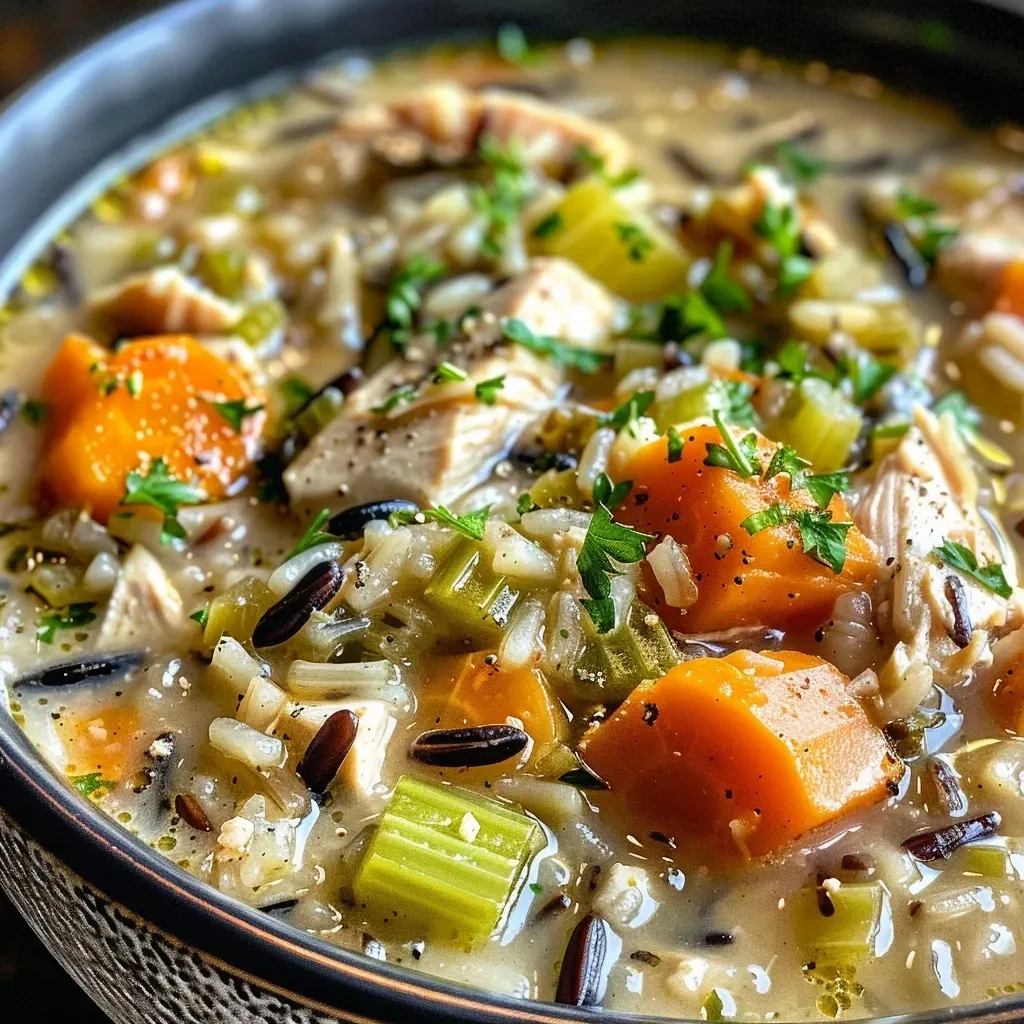 ['Close-up view of creamy Crockpot Chicken Wild Rice Soup with vegetables and chicken.', 'Side perspective of a hearty bowl of Chicken Wild Rice Soup, showcasing its rich texture.', 'Delicious serving of Crockpot Chicken Wild Rice Soup, featuring vibrant ingredients and broth.', 'Inviting image of Chicken Wild Rice Soup, highlighting its color and ingredients.']