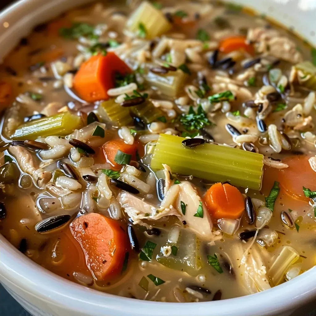 ['Close-up view of creamy Crockpot Chicken Wild Rice Soup with vegetables and chicken.', 'Side perspective of a hearty bowl of Chicken Wild Rice Soup, showcasing its rich texture.', 'Delicious serving of Crockpot Chicken Wild Rice Soup, featuring vibrant ingredients and broth.', 'Inviting image of Chicken Wild Rice Soup, highlighting its color and ingredients.']
