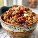 ['Close-up view of crunchy pumpkin spice granola with seeds and nuts.', 'Side view of golden brown pumpkin spice granola showcasing oats and pecans.', 'Detailed image of pumpkin spice granola featuring dried cranberries and coconut.', 'Textured shot of colorful granola with pumpkin puree and cinnamon.']