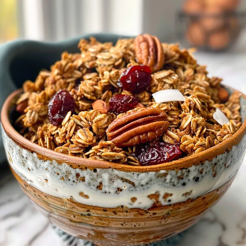 ['Close-up view of crunchy pumpkin spice granola with seeds and nuts.', 'Side view of golden brown pumpkin spice granola showcasing oats and pecans.', 'Detailed image of pumpkin spice granola featuring dried cranberries and coconut.', 'Textured shot of colorful granola with pumpkin puree and cinnamon.']