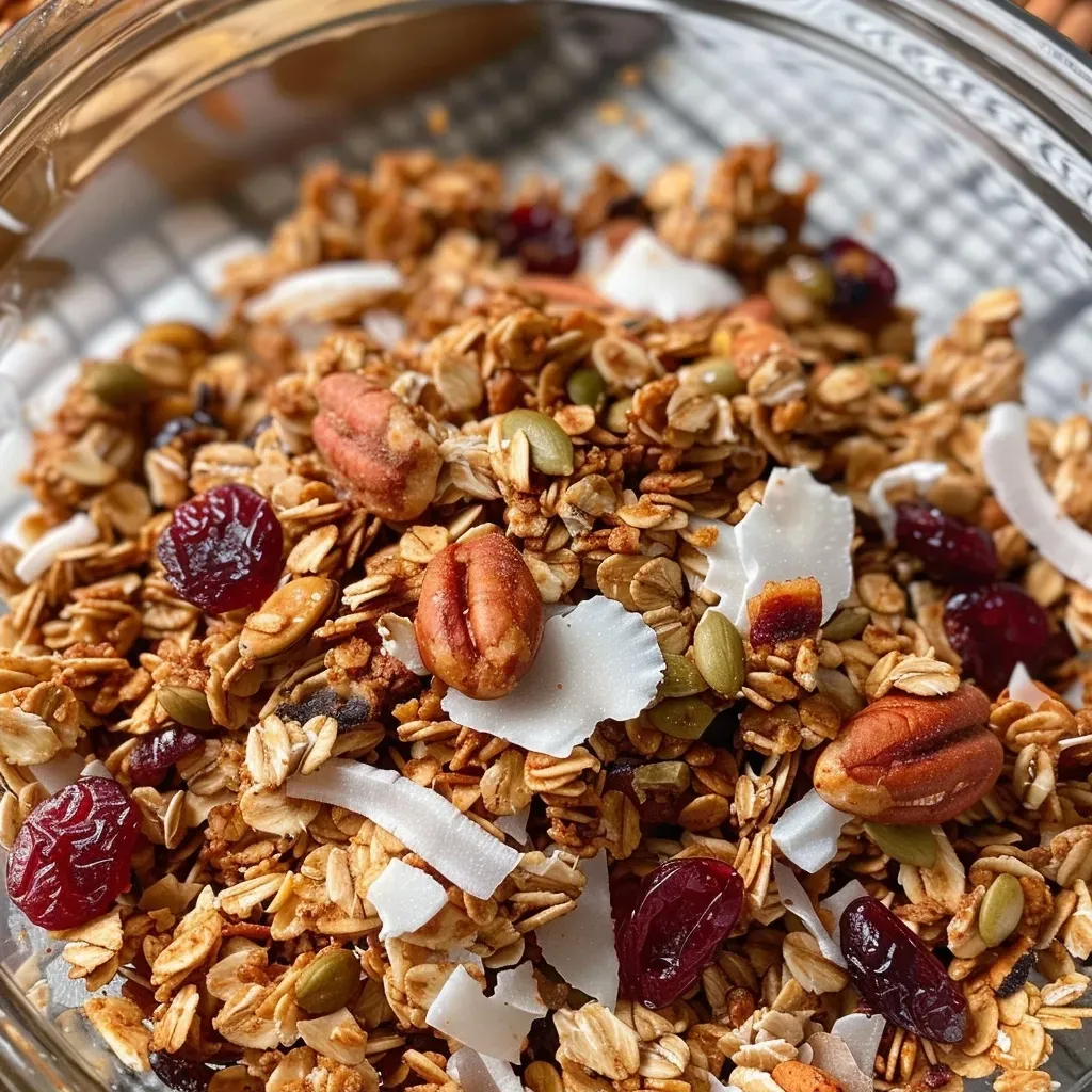 ['Close-up view of crunchy pumpkin spice granola with seeds and nuts.', 'Side view of golden brown pumpkin spice granola showcasing oats and pecans.', 'Detailed image of pumpkin spice granola featuring dried cranberries and coconut.', 'Textured shot of colorful granola with pumpkin puree and cinnamon.']