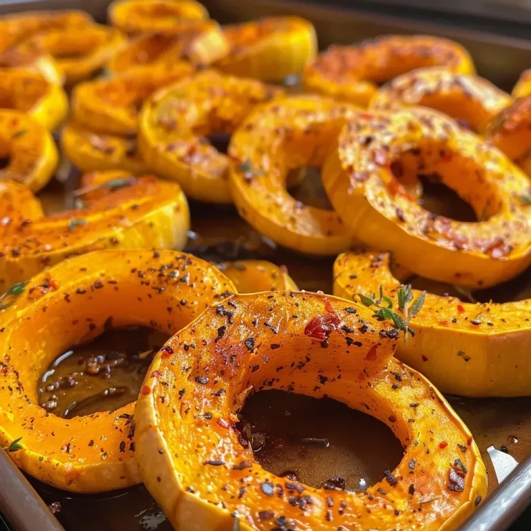 ['Close-up view of roasted Delicata Squash rings, showcasing their golden-brown color and juicy texture.', 'Side perspective of delicious Delicata Squash rings, highlighting their caramelized edges and glistening surface.', 'Detailed shot of roasted Delicata Squash rings on a plate, emphasizing their crispy exterior and soft interior.', 'Appetizing close-up of Delicata Squash rings with seasoning, featuring a glossy, roasted appearance.']
