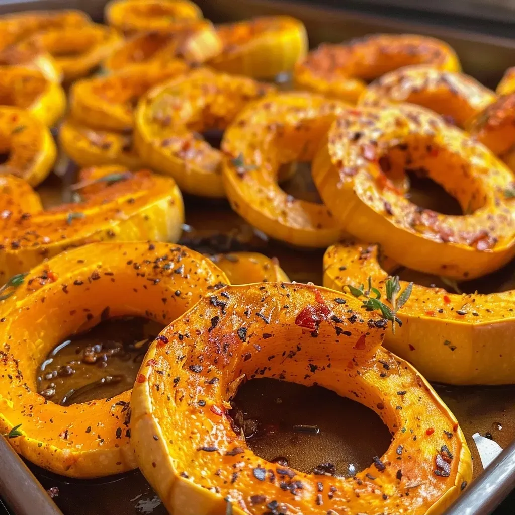 ['Close-up view of roasted Delicata Squash rings, showcasing their golden-brown color and juicy texture.', 'Side perspective of delicious Delicata Squash rings, highlighting their caramelized edges and glistening surface.', 'Detailed shot of roasted Delicata Squash rings on a plate, emphasizing their crispy exterior and soft interior.', 'Appetizing close-up of Delicata Squash rings with seasoning, featuring a glossy, roasted appearance.']